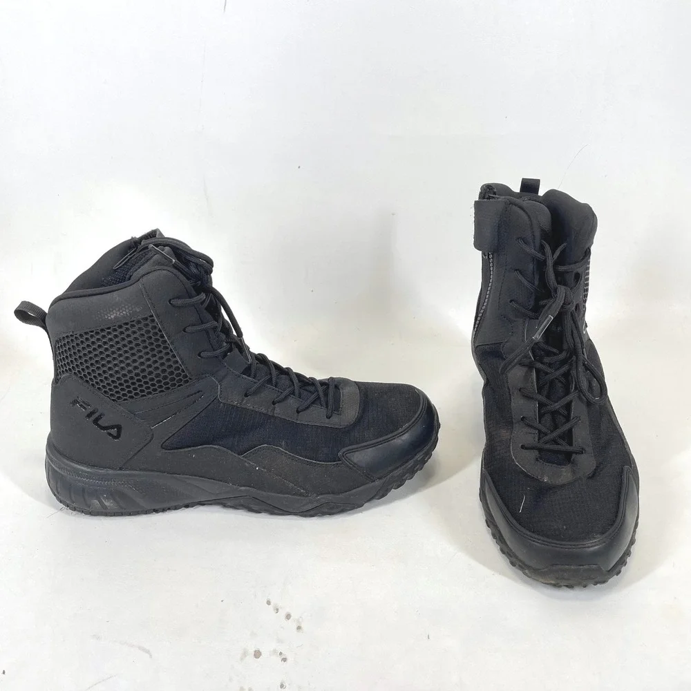 Fila Mens Tactical Boots Black Side Zip Slip Resistant 1LW00984-001 10.5 EEEE